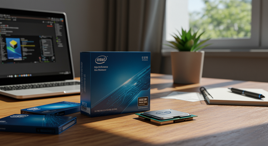 Procesor Intel w kartonie na tle komputera